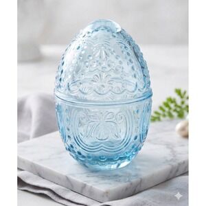 Way To Celebrate Blue Glass Egg Candy Dish Easter Embossed Decor New